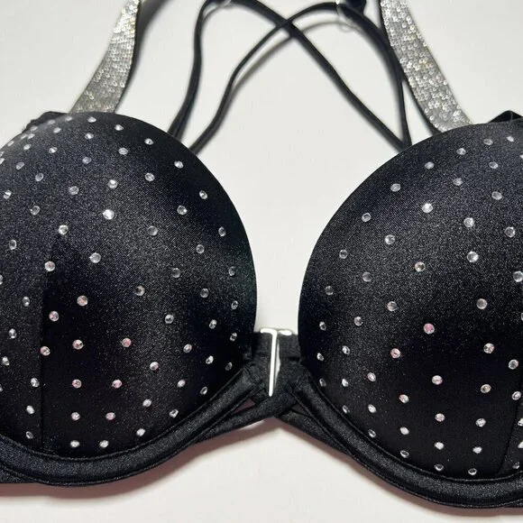 Victoria Secret 34D Bombshell Push Up Bikini Top Glam Cups Shine Strap Black Bikinis